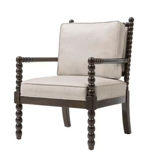 Classic Wood Spindle Upholstered Accent Chair in Biscuit Beige