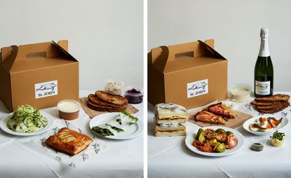 Two photos side-by-side of St. John’s premade picnic baskets and a variety of food with a bottle of champagne laid out on a table