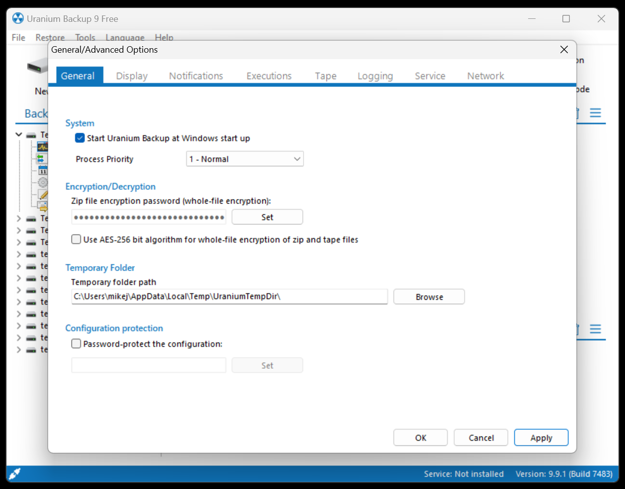 The advanced settings in Uranium Backup.