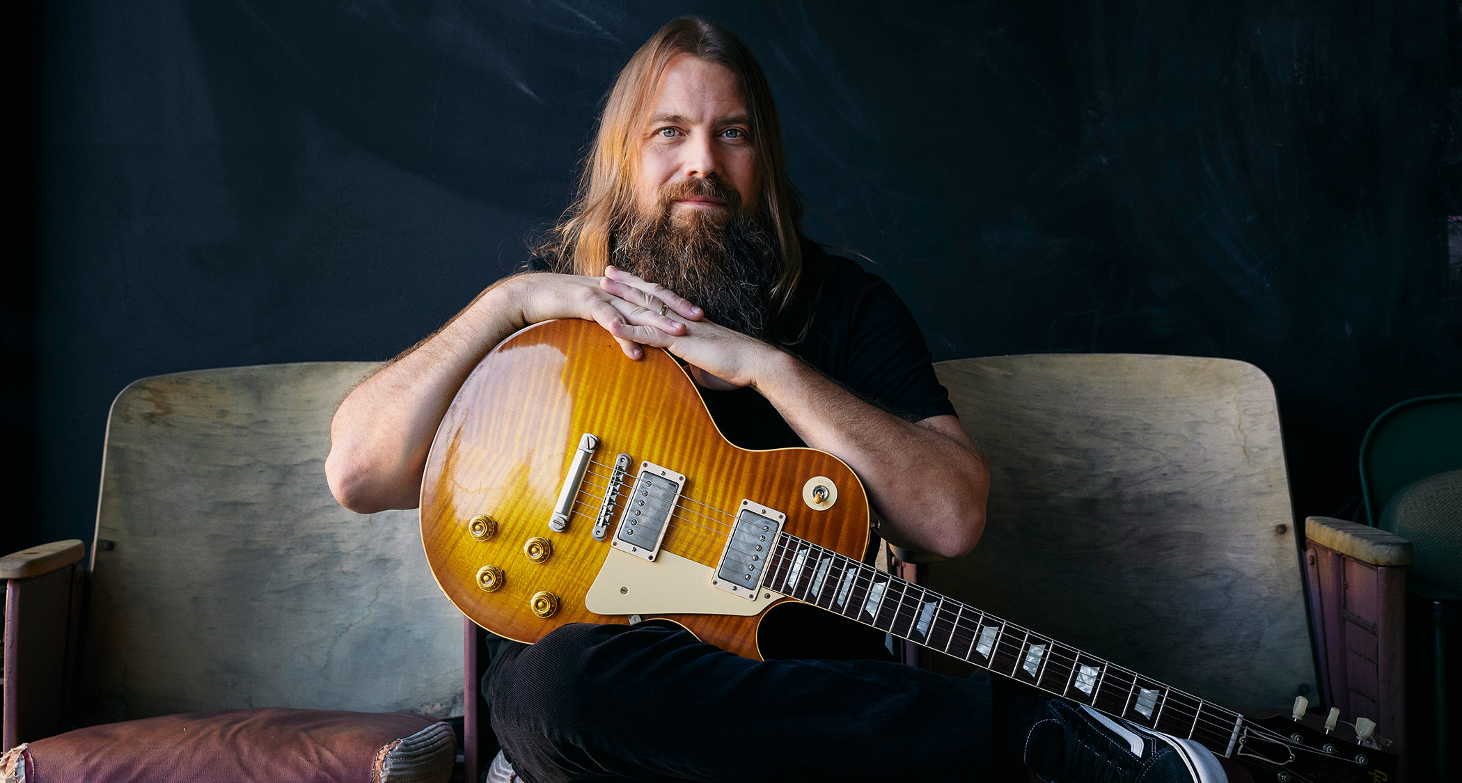 Mark Morton of Lamb of God photographed at home with a Gibson Les Paul Standard