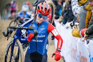 Dutch Shirin van Anrooij pictured in action during the womens elite race at the Duinencross cyclocross cycling event on Thursday 05 January 2023 in Koksijde the fifth stage in the X2O Badkamers Trofee Veldrijden competition BELGA PHOTO JASPER JACOBS Photo by JASPER JACOBS BELGA MAG Belga via AFP Photo by JASPER JACOBSBELGA MAGAFP via Getty Images