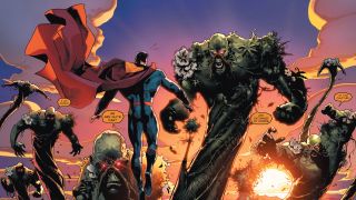 Superman hovering near multiple copies of Swamp Thing