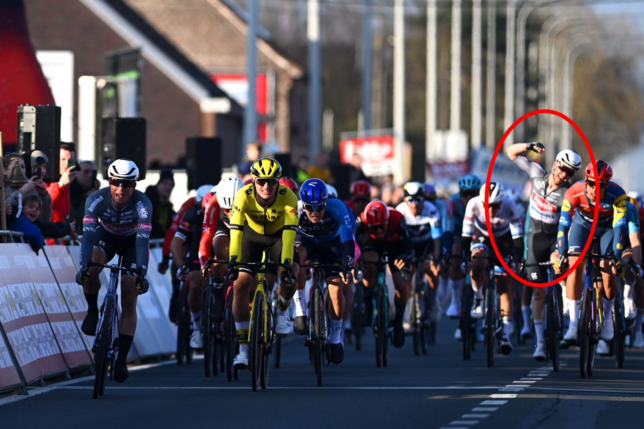 Kaden Groves celebrating Jasper Philipsen&#039;s win at Kuurne