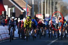 Kaden Groves celebrating Jasper Philipsen's win at Kuurne