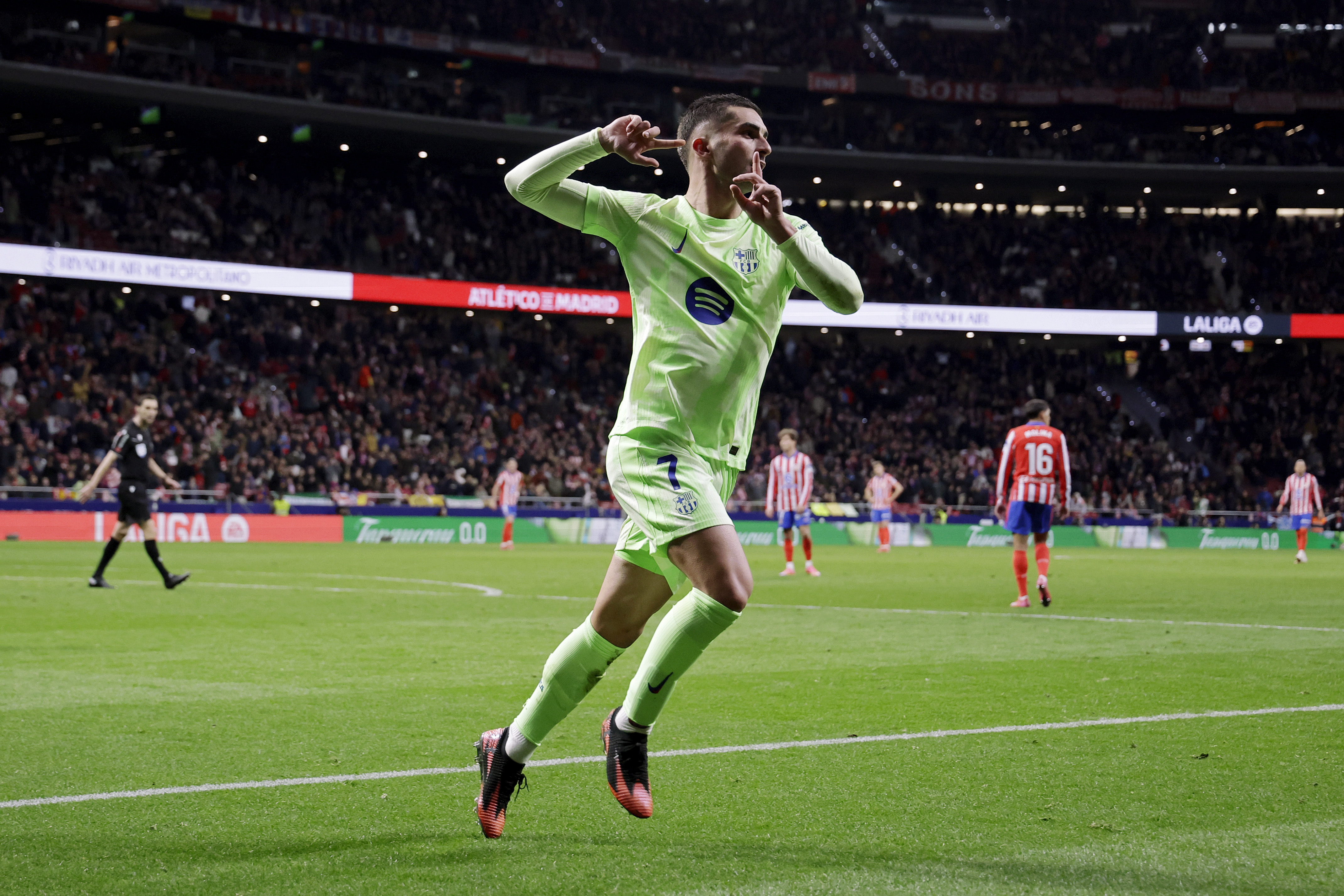 Ferran Torres celebrates Barcelona's fourth goal against Atletico Madrid in La Liga in March 2025.