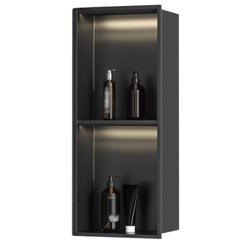 Baodiale Stainless Steel Shower Niche With Led Light Wall Insert Matte Black, Embedded Wall Niche No Tile Needed, Black Bathroom Shower Storage Shelf