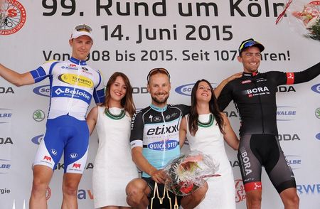 The podium of Edward Theuns (Topsport Vlaanderen-Baloise), Tom Boonen (Etixx-Quick Step and Andreas Schillinger (Bora-Argon 18)