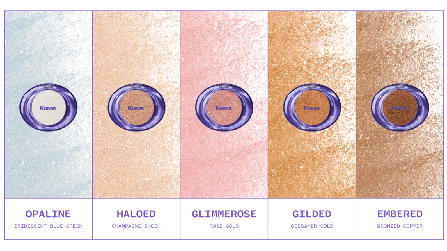 The full shade range of Kosas Shiny Objects.