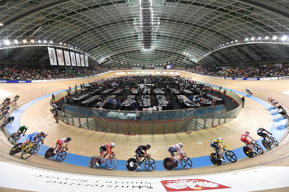 Cyclists compete during the Men's Points Race 40 km at the UCI Track Cycling World Championships