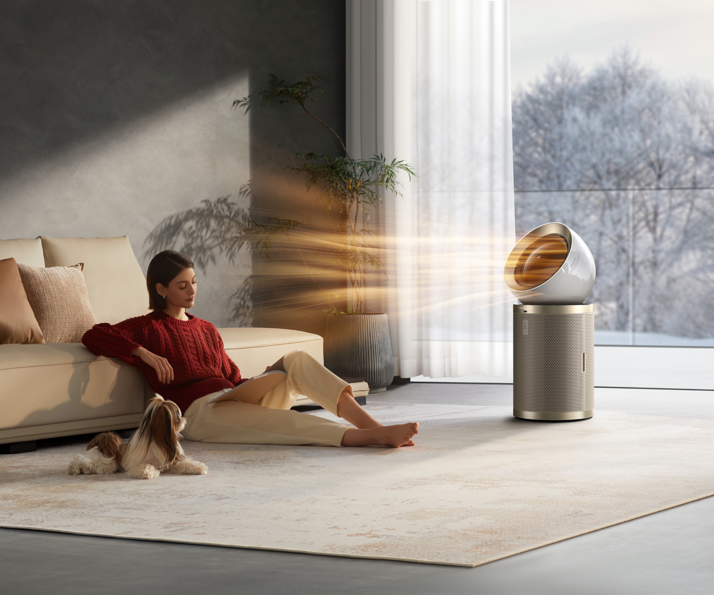 Dreame AirPursue PM20 in minimalist living room, showing orange beams emitted towards person and dog leant on sofa.