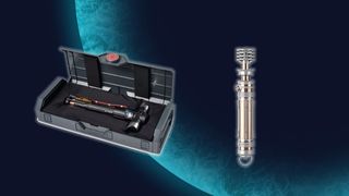 two lightsaber hilts are next to each other with a white outer glow in front of a blue planet background.