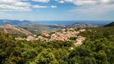 Distant cityscape in valley, Villagrande Strisaili, Ogliastra, Italy