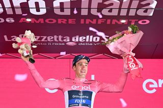BERGAMO ITALY MAY 21 Bruno Armirail of France and Team Groupama FDJ Pink Leader Jersey celebrates at podium during the 106th Giro dItalia 2023 Stage 15 a 195km stage from Seregno to Bergamo UCIWT on May 21 2023 in Bergamo Italy Photo by Stuart FranklinGetty Images