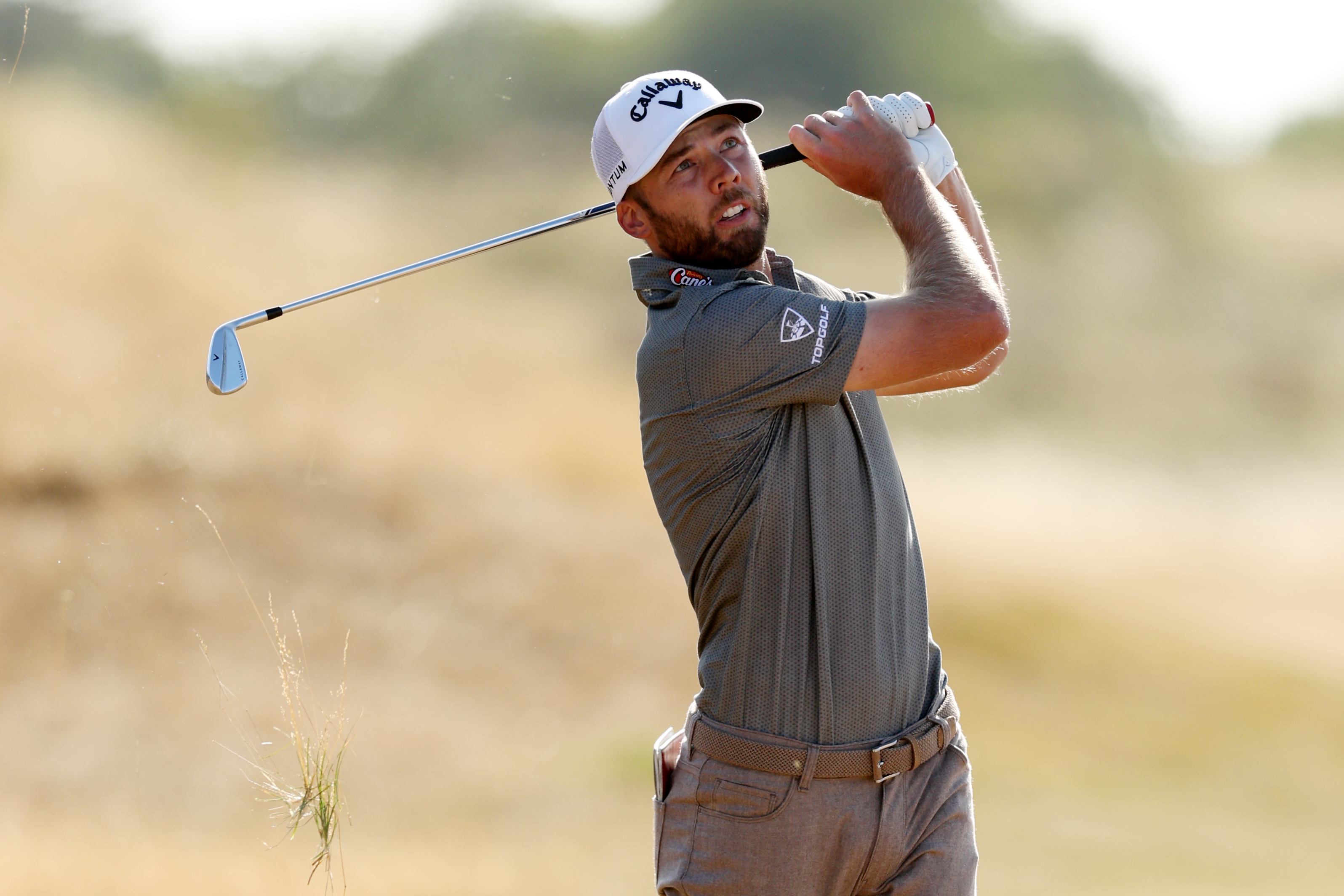 Sam Burns of the United States plays his second shot on the 17th hole on day four of the The 154th Open Championship at Royal Birkdale (Photo by Richard Heathcote/Getty Images)