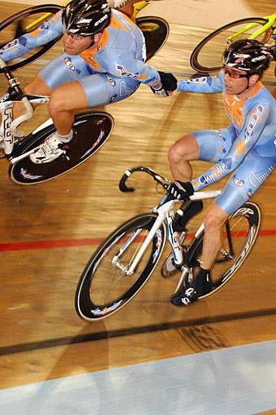 Michael Friedman exchanges with Colby Pearce (Slipstream) in the madison at the Los Angeles World Cup