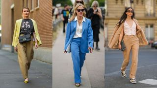 Three woman showing different ways on how to style a blazer with trousers