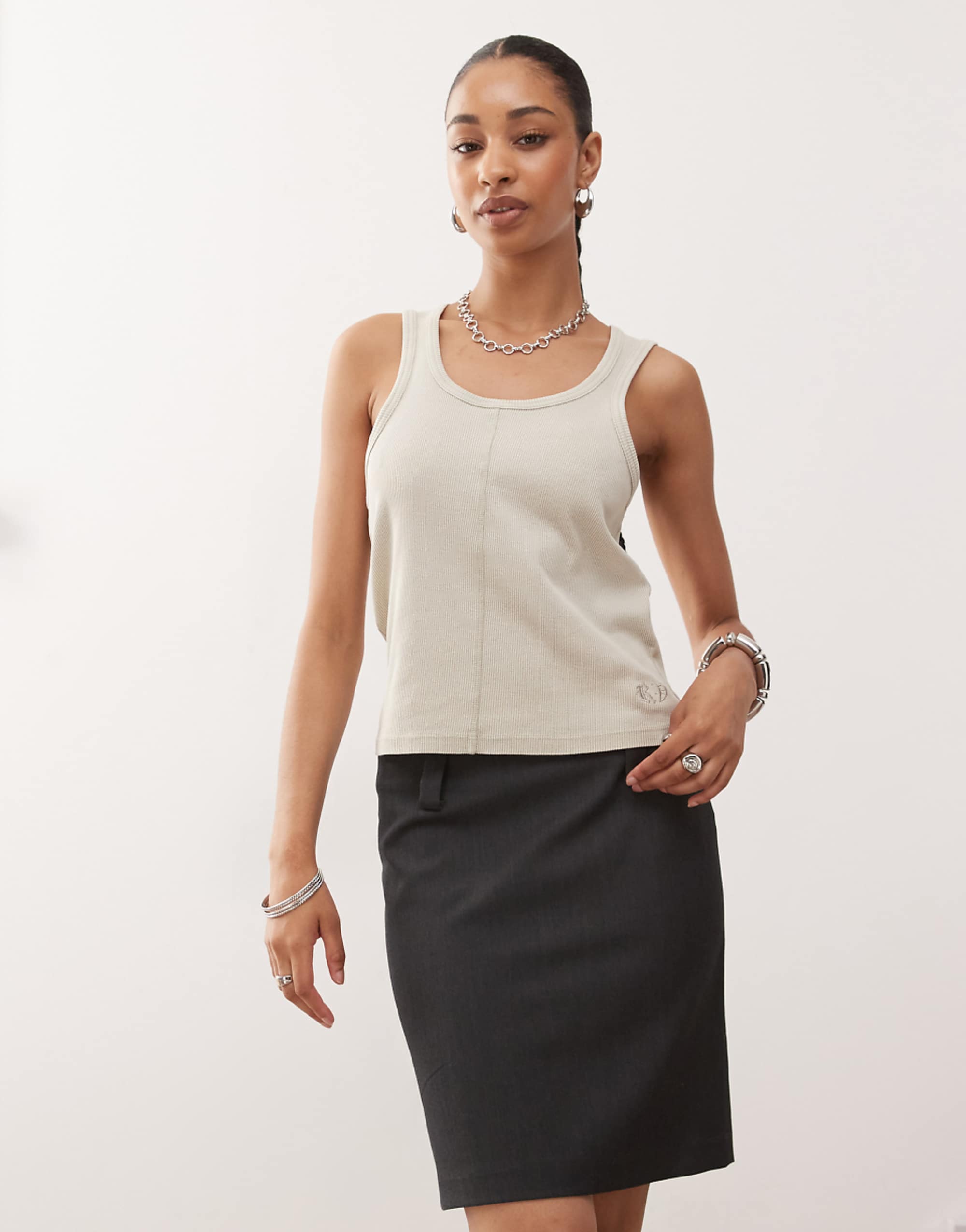 Monki Midi Tailored Skirt in Dark Grey Melange