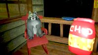 A raccoon sitting in a rocking chair on a porch in Creature Kitchen.