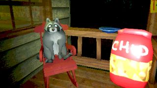 A raccoon sitting in a rocking chair on a porch in Creature Kitchen.