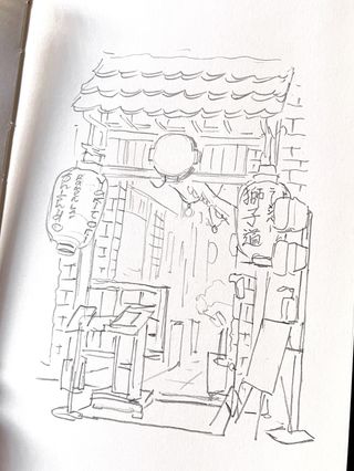 Artist sketchbook tips; watercolour art of a Chinese store