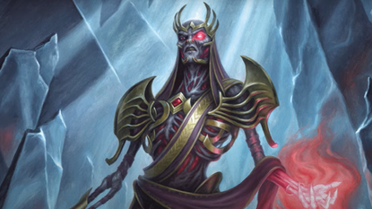 Vecna, a lich god with a missing hand and glowing eye. He wears gold armor.