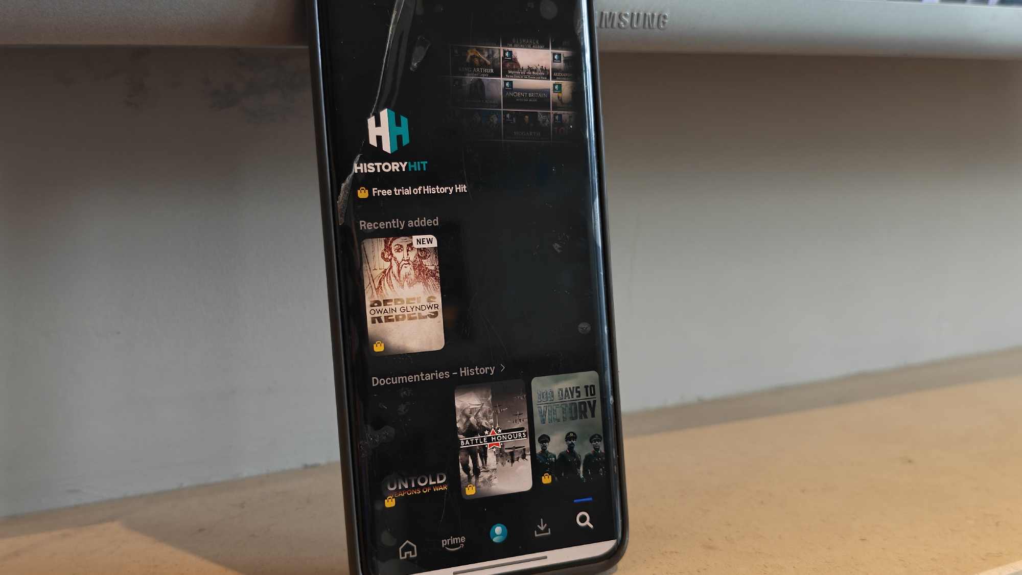 A phone showing the History Hit page on Prime Video.