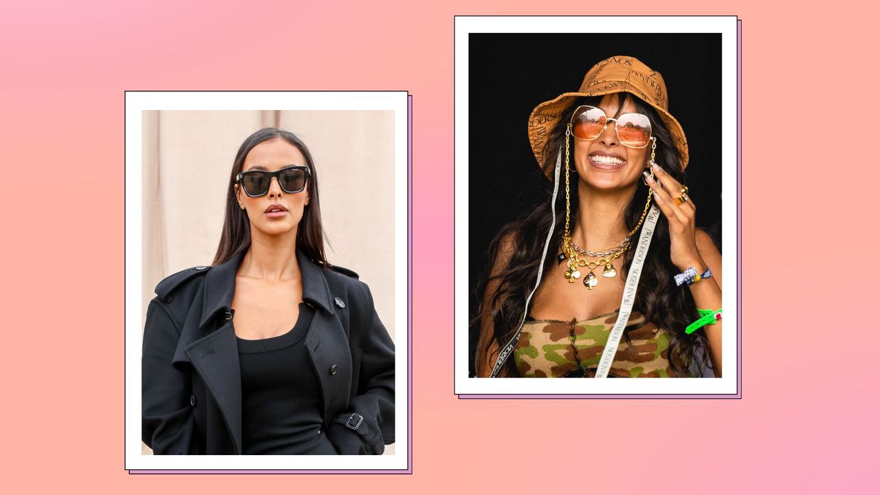 Maya Jama&#039;s sunglasses: Maya pictured wearing black, rectangle sunglasses alongside a picture of her wearing large, brown lensed sunglasses/ in a orange and pink template