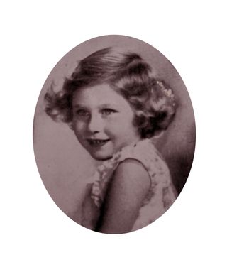 A black-and-white portrait of Queen Elizabeth as a child smiling and wearing a sleeveless dress