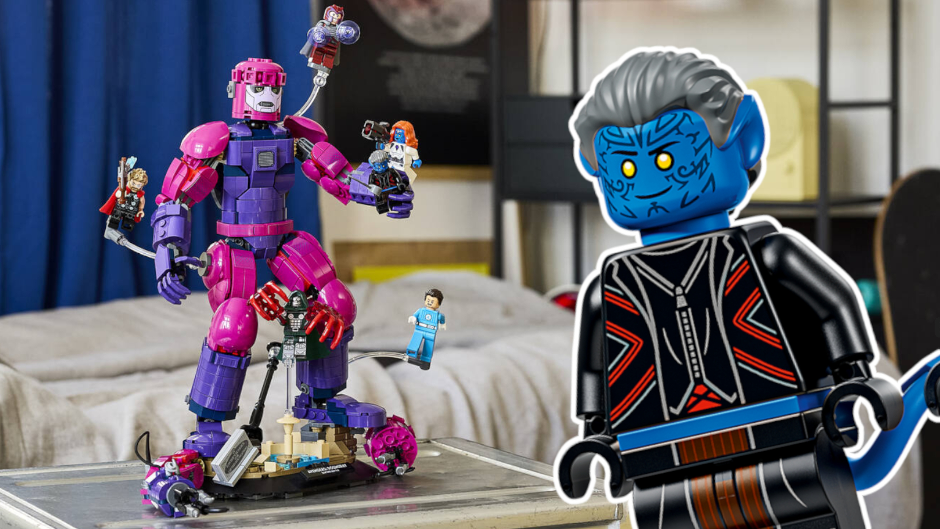 A Lego Sentinel and minifigure display piece alongside a Nightcrawler Lego figure, outlined in white