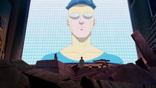 Mark Grayson appears on a giant TV screen in a destroyed city in Invincible season 2