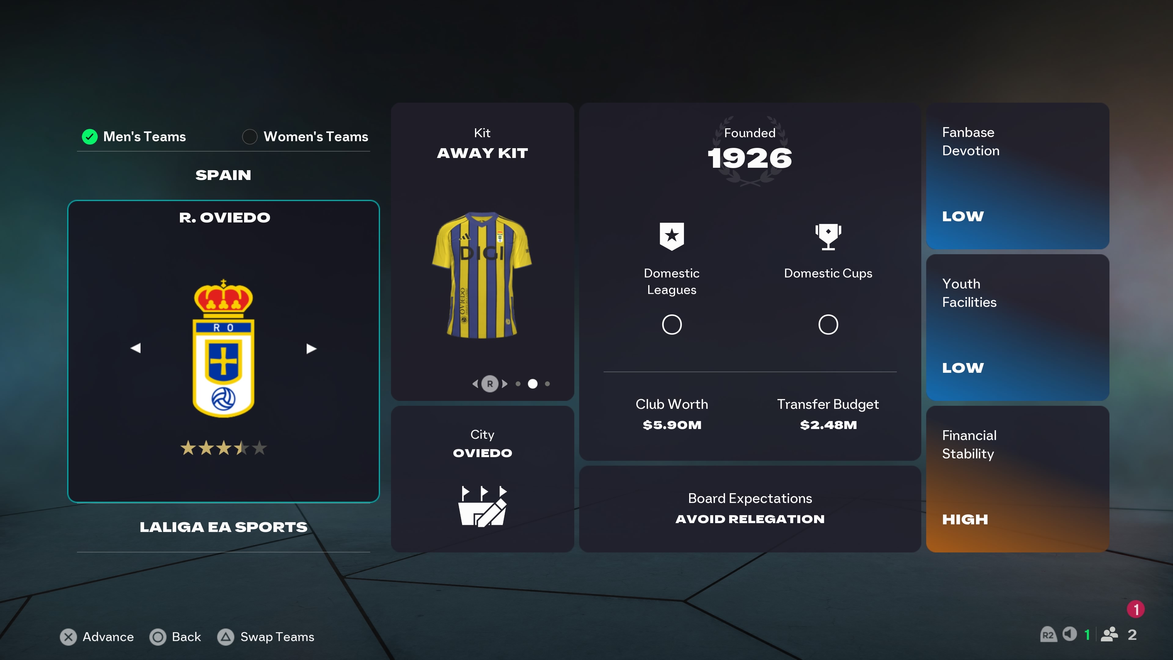 FC 26 manager mode intro screen for Real Oviedo