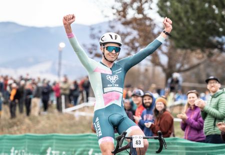 Eric Brunner celebrates victory in the elite men's 2023 Pan American Cyclocross Championships 