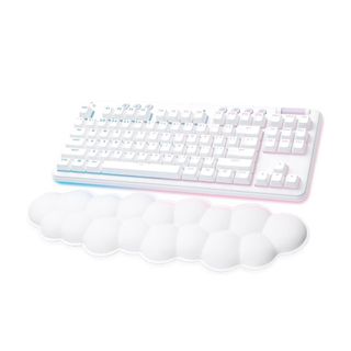 A white gaming keyboard with a cloud palm rest 