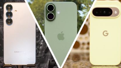 Composite image; Samsung Galaxy S25, iPhone 17, and Google Pixel 10