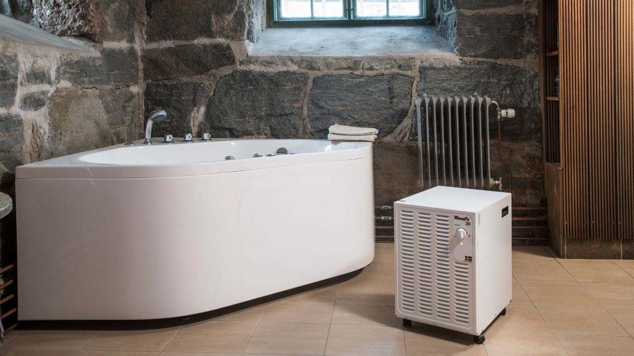 The Wood&#039;s SW22-FW dehumidifier in a stone room with a bath