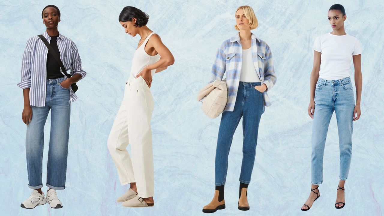 Four models wearing boyfriend jeans and mom jeans 