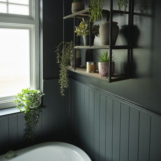 A dark green-painted bathroom with tongue and groove wall panelling with a dado rail