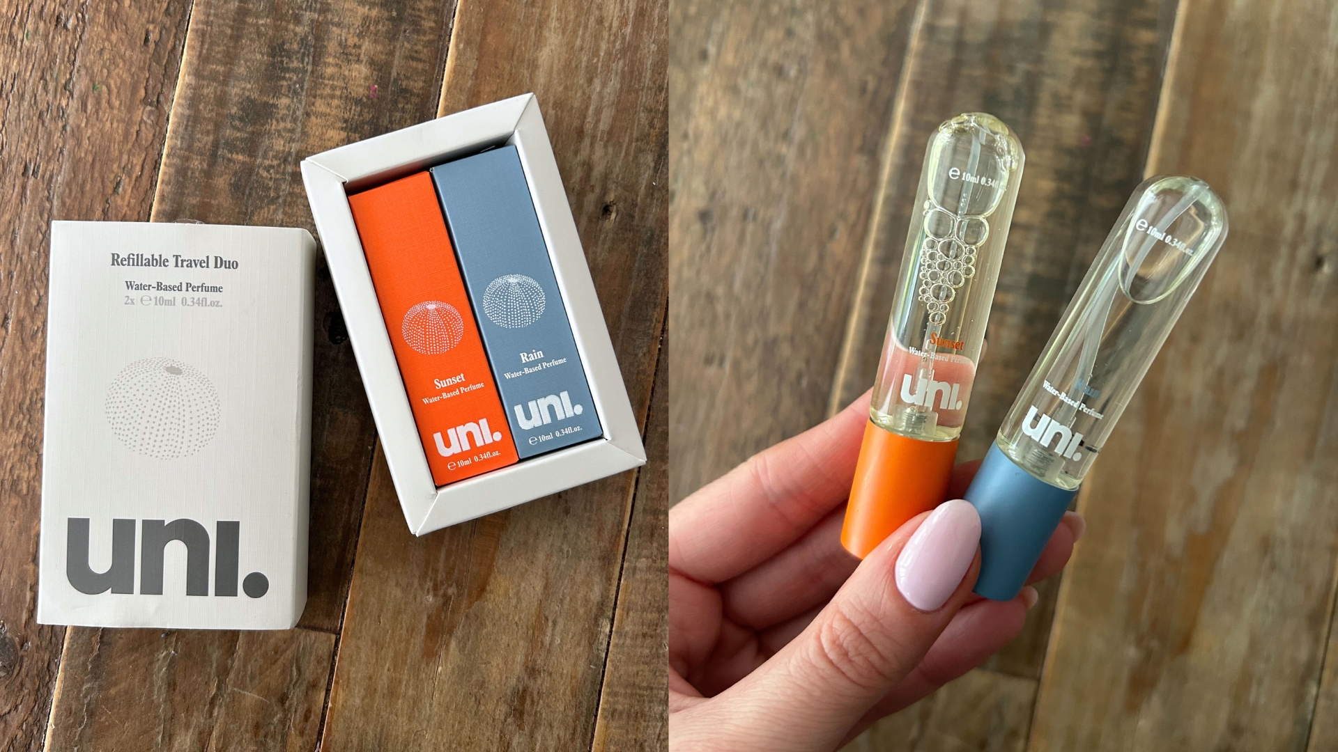 Uni Water-Based Perfumes boxed (L) and hand holding the two vials of Uni Water-Based Perfumes with orange and blue lids (R)