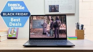 Lenovo Flex 5i Chromebook Plus with deal tag superimposed