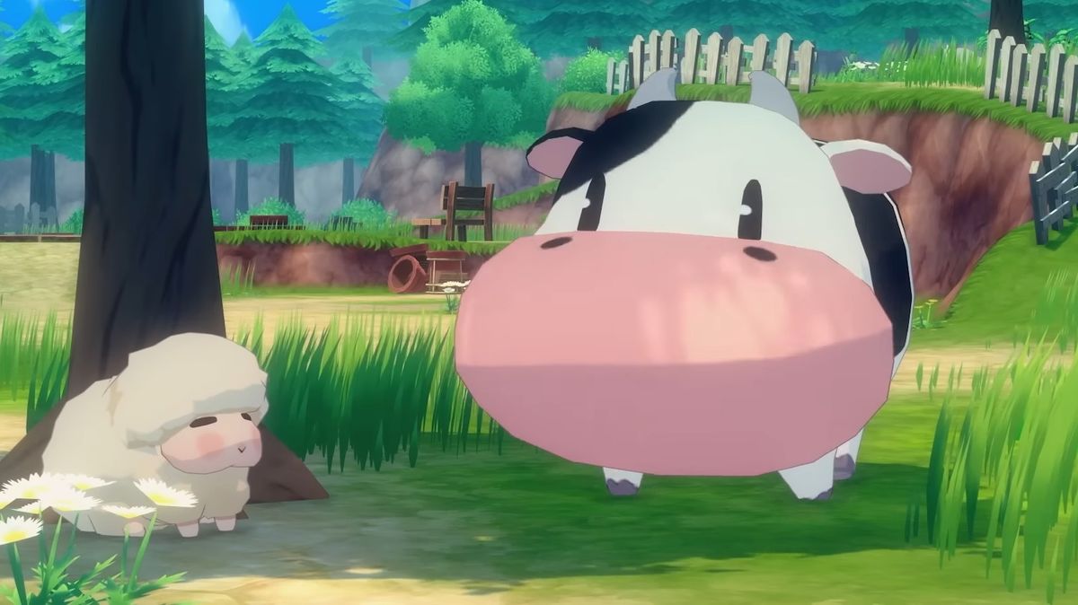 Story of Seasons new game teaser - a plump cow stands next to a tiny sheep in a grassy meadow with white picket fence