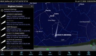 The Search menu in SkySafari 6 has a category called Brightest Comets. Tapping a comet will open an information page for it that includes a link to display its position in the sky. A small magnitude value indicates that an object is bright. Several other much dimmer comets are in the evening sky at this time.