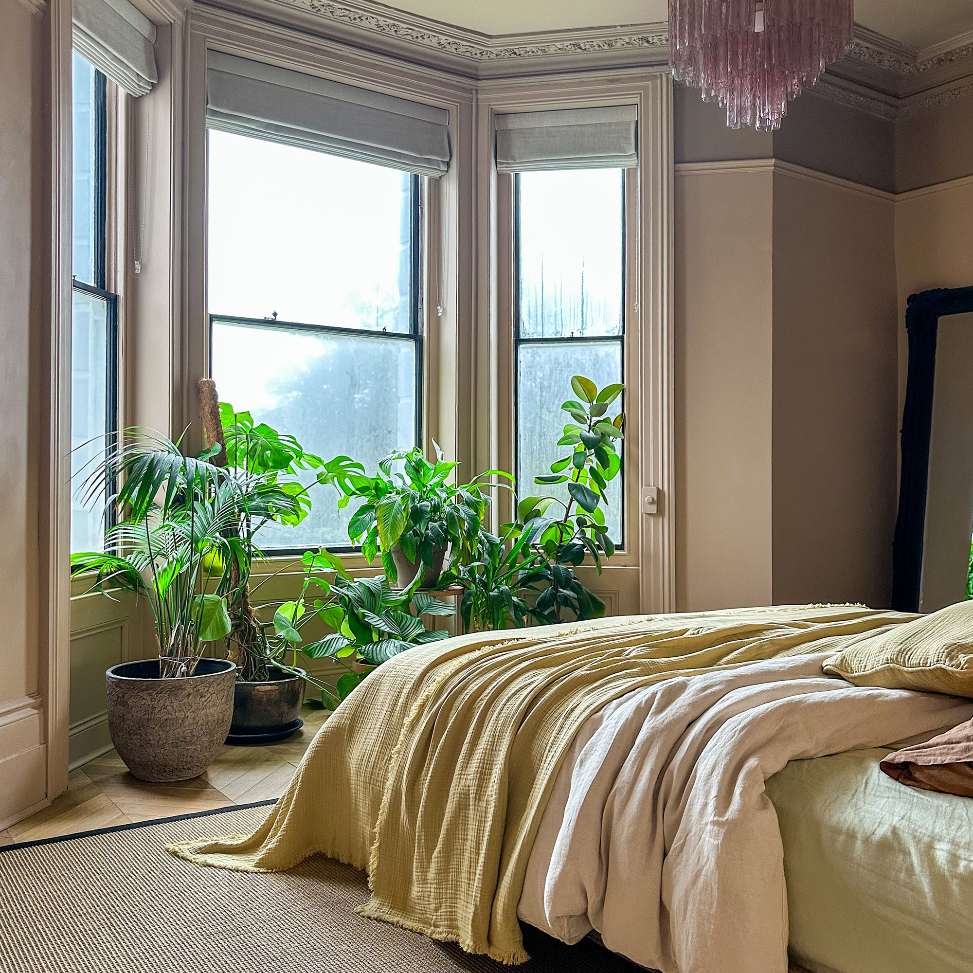 completed bedroom after a renovation with pale pink walls and big windows