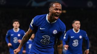 Raheem Sterling of Chelsea celebrates after scoring the team's first goal with teammates during the UEFA Champions League