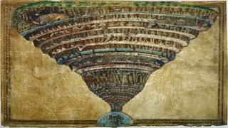 A painting showing an upside down mountain over Earth.