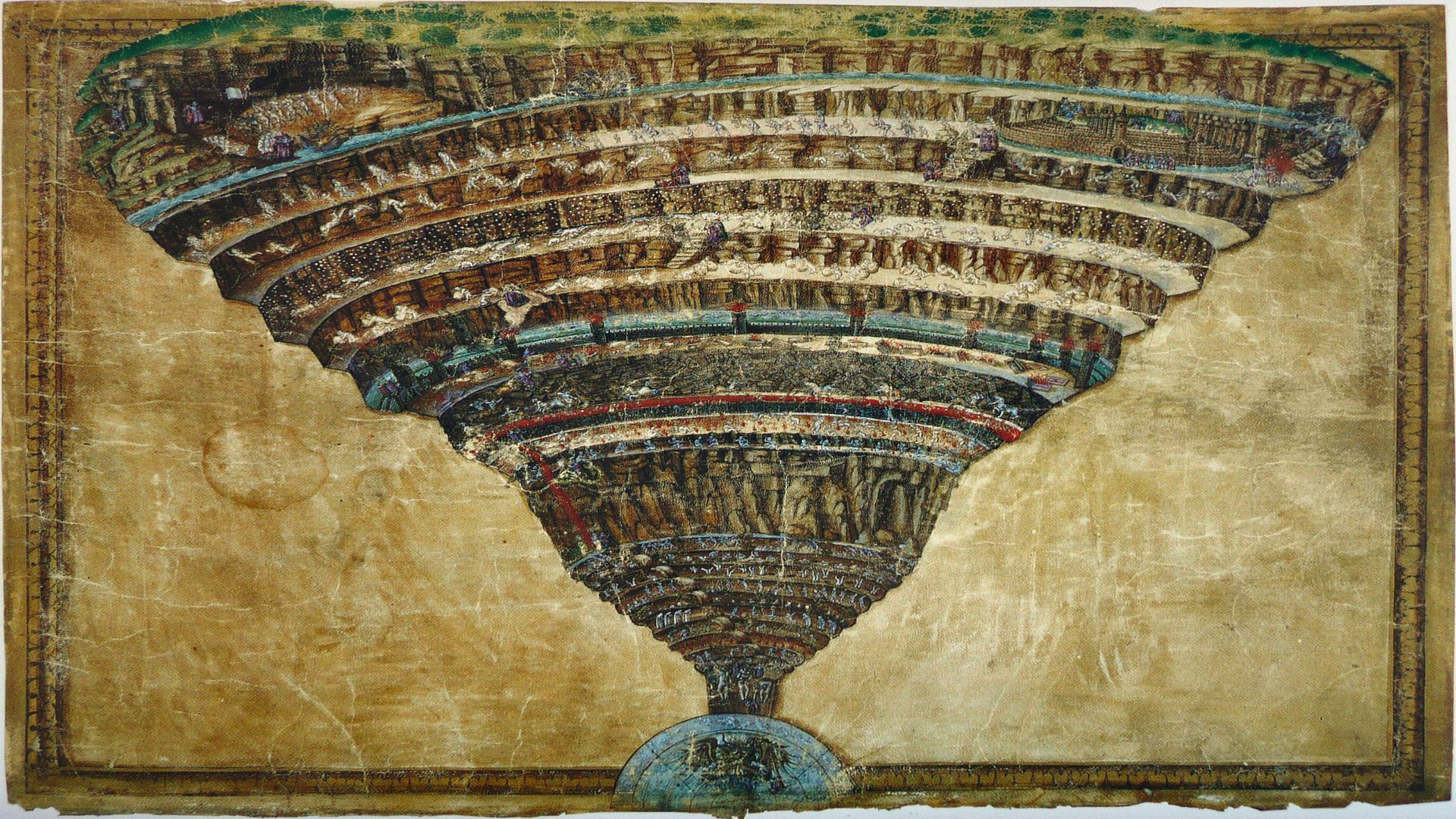 A painting showing an upside down mountain over Earth.