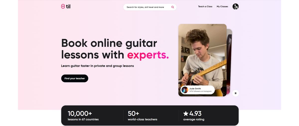 A screenshot of the home page of Til guitar lessons website