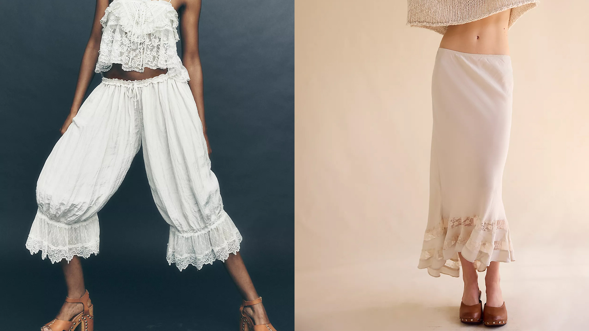 one model wears long bloomers and white top and another model wears white skirt and skirt set.
