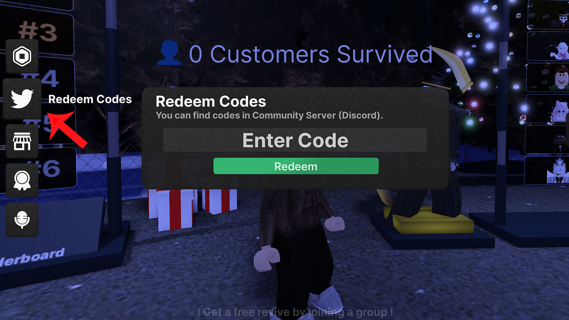 Road-side Shawarma's code redemption menu with a Twitter bird icon to click in the left side