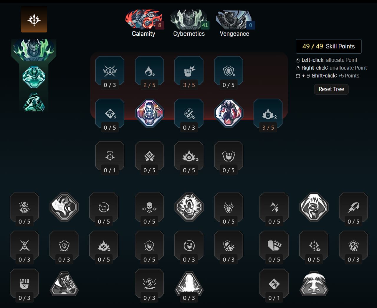Borderlands 4 Amon builds: A screenshot of Amon's Calamity tree for the Cyber Viking build from Maxroll's builder.