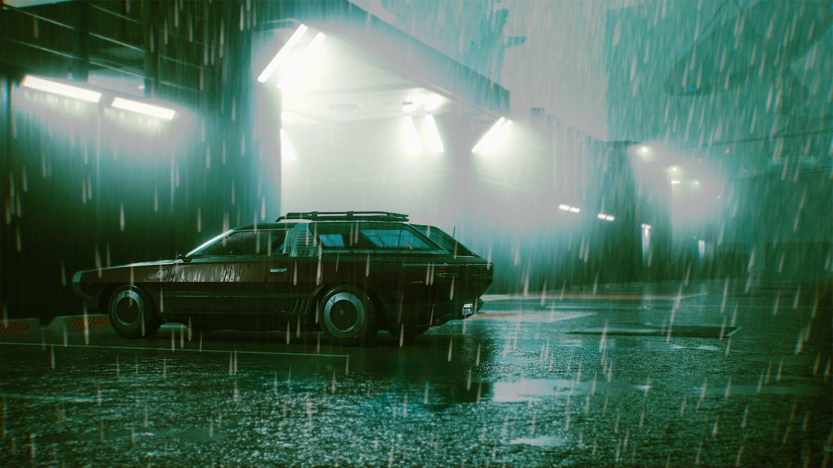 Cyberpunk 2077 car in rain photo mode